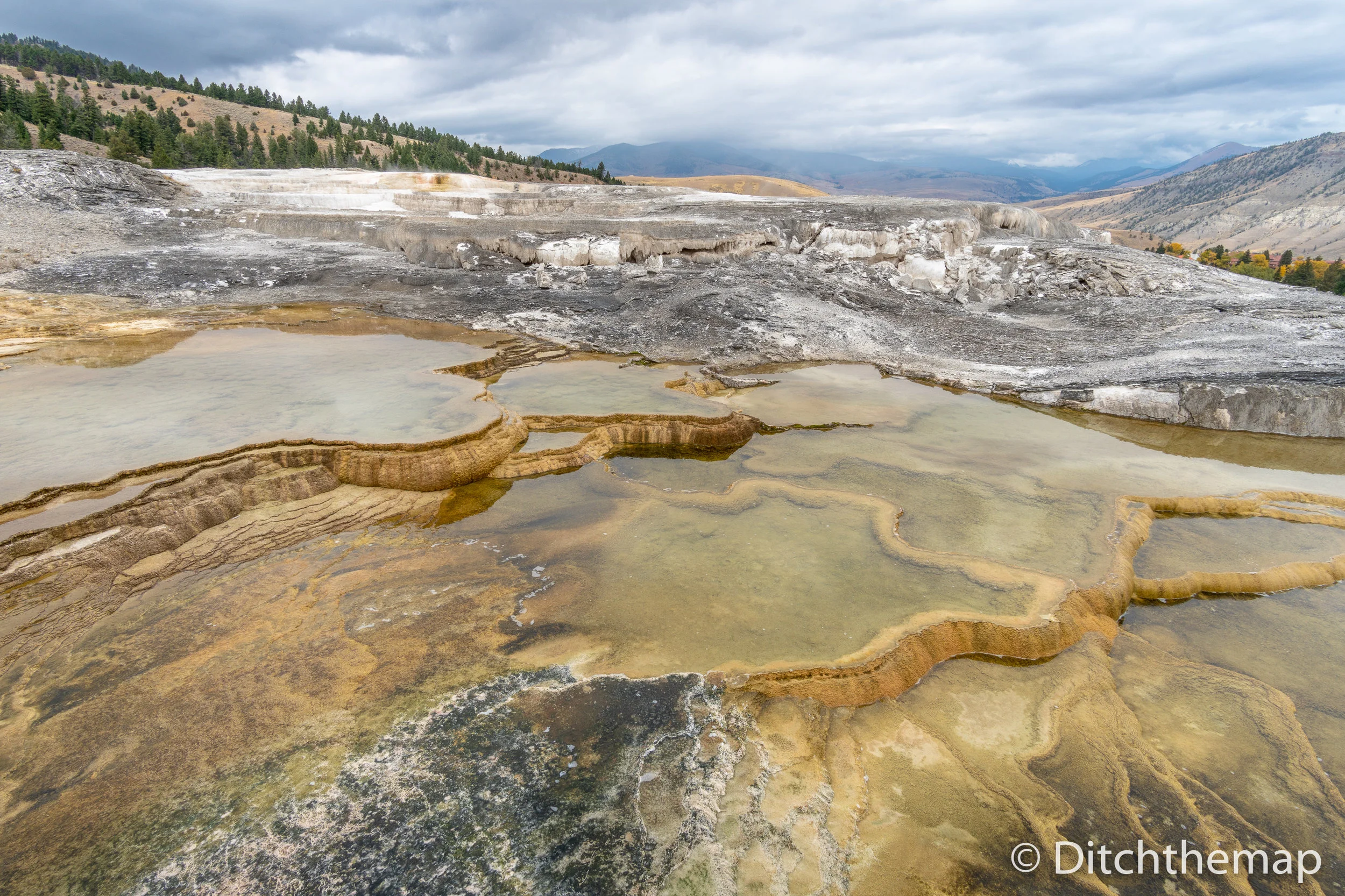 Colorful Mammoth Springs geothermal feature in Yellowstone NP