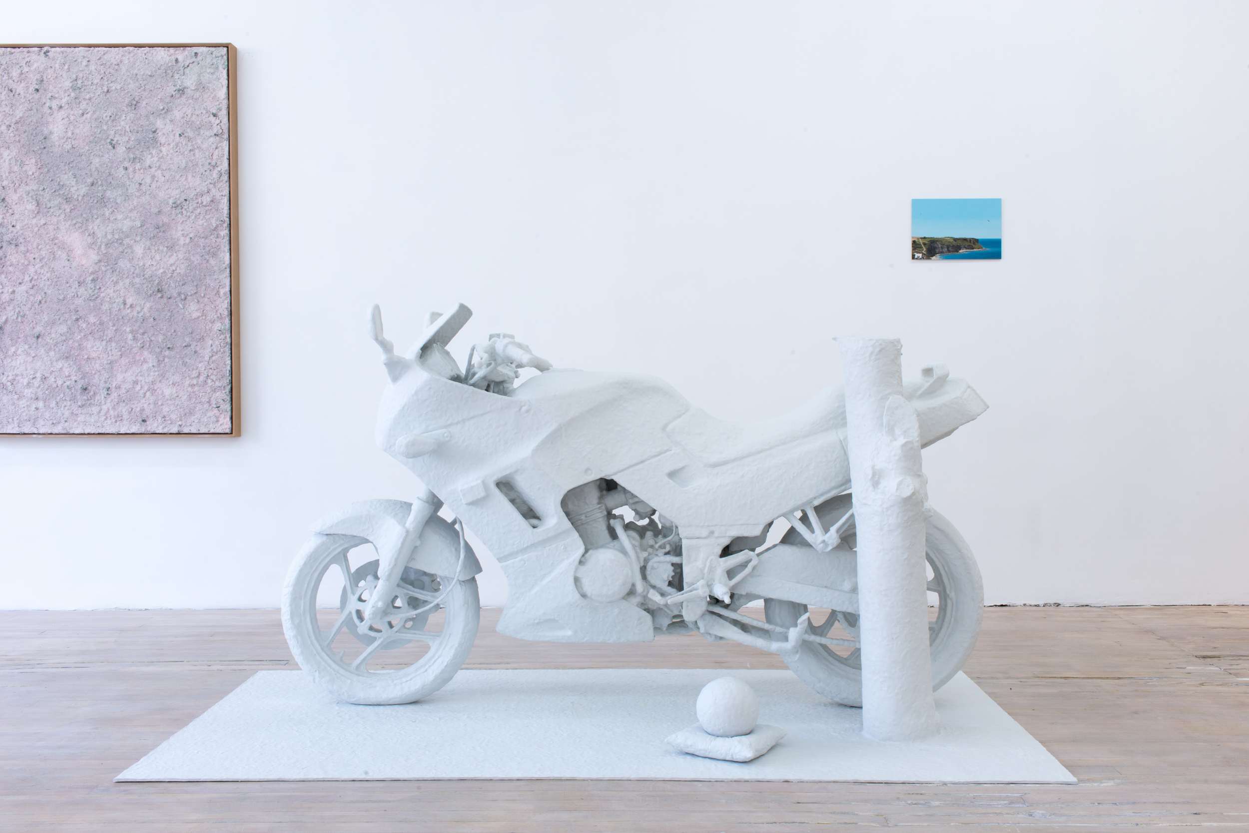Christine Navin MCMLXXXVIII , 2016 1988 Kawasaki 250R, tree stump, scrying sphere, pillow, epoxy putty 45 x 87 x 42 inches