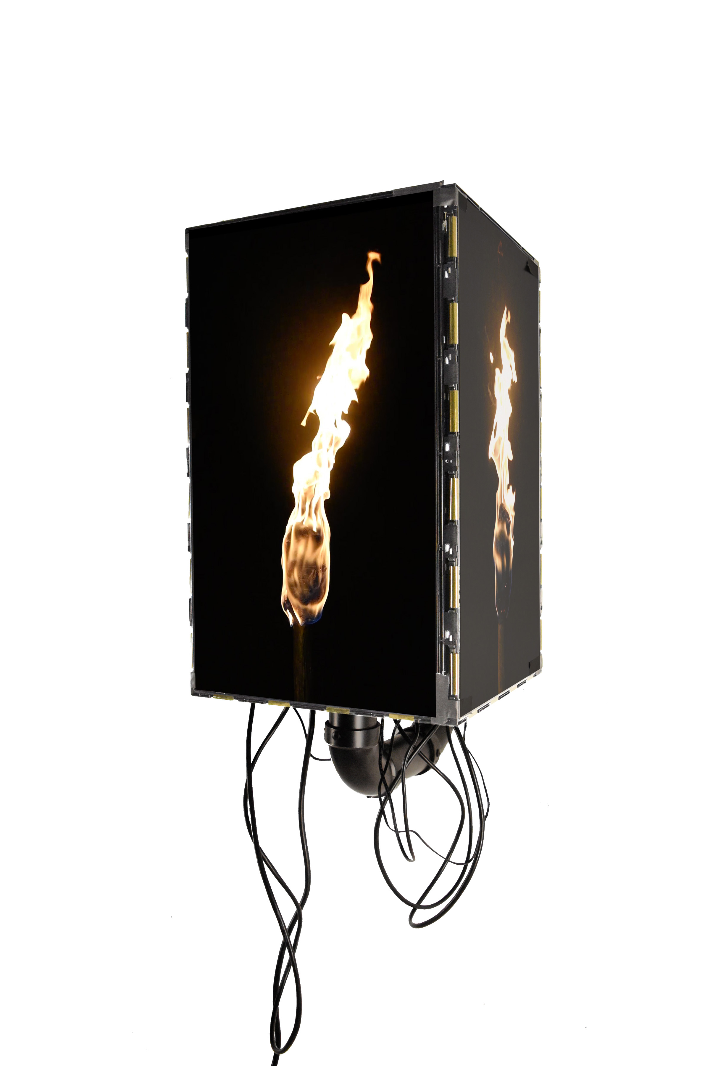 Christine Navin Torch I, 2016 4 Channel HD Video (seamless loop); 4 LED display screens, wood, steel, PVC, rubber 28 x 13 x 20.5 inches (dimensions variable)