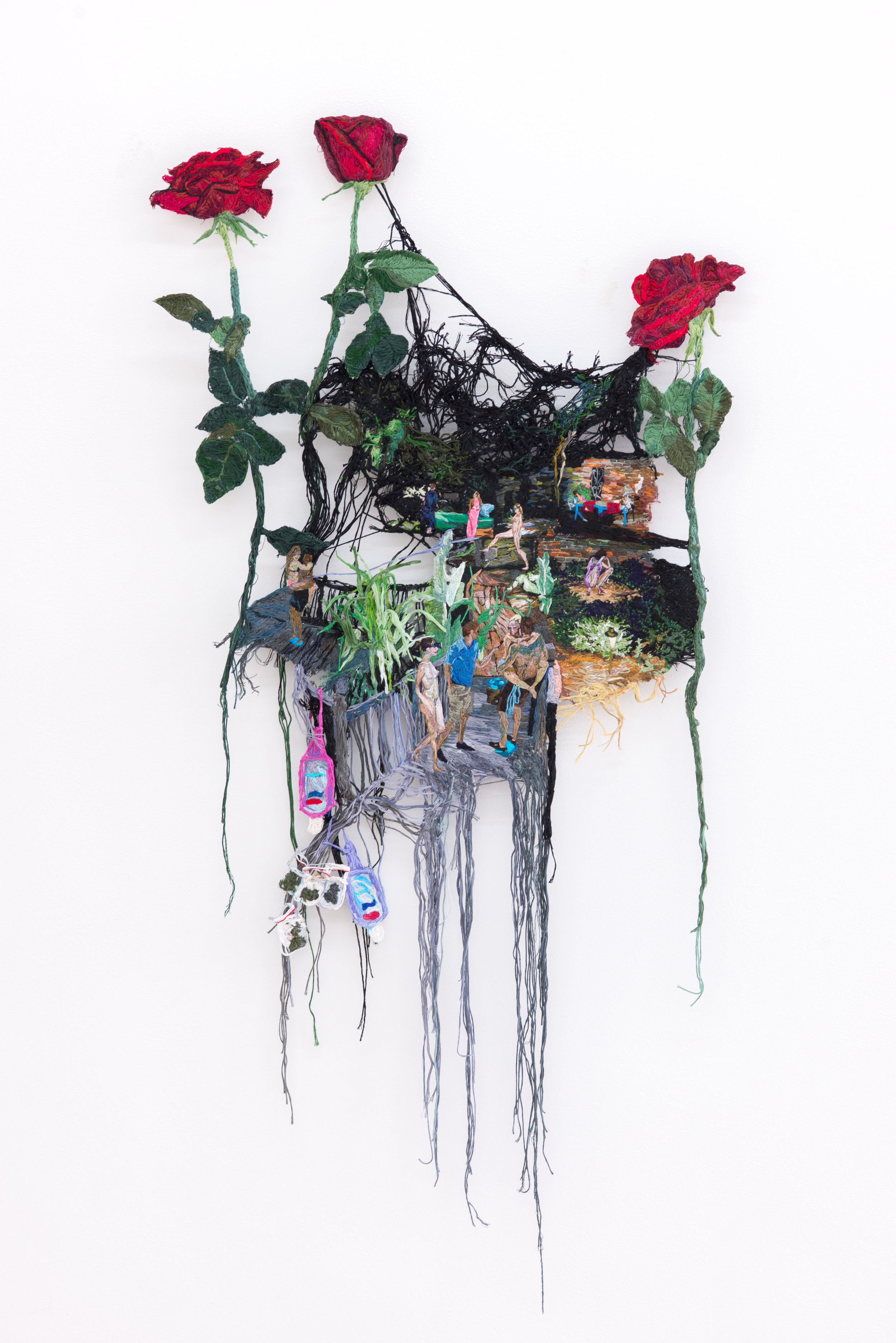 Sophia Narrett VR Experience Option 1-Date Night , 2016 Embroidery thread, fabric, and aluminum 40 x 19.5 inches