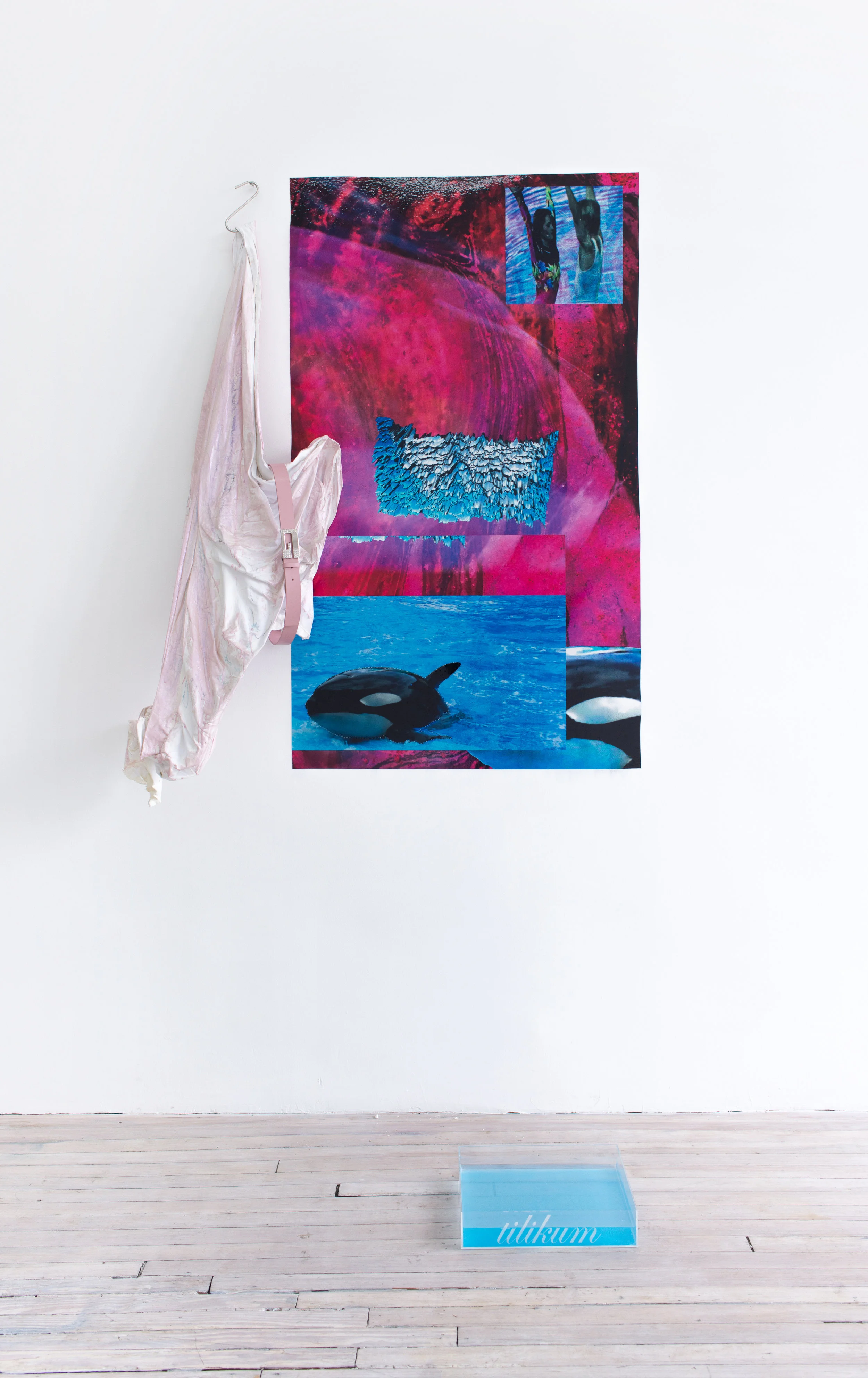 Cecilia Salama The love I have for you is like the mafia, 2017 Rag and Bone fabric, Guess belt, white cement, glue, iridescent pigment, varnish, coloured pencil, graphite, meat hook, transparent adhesive vinyl, engraved perspex, tray, water Dimensions variable