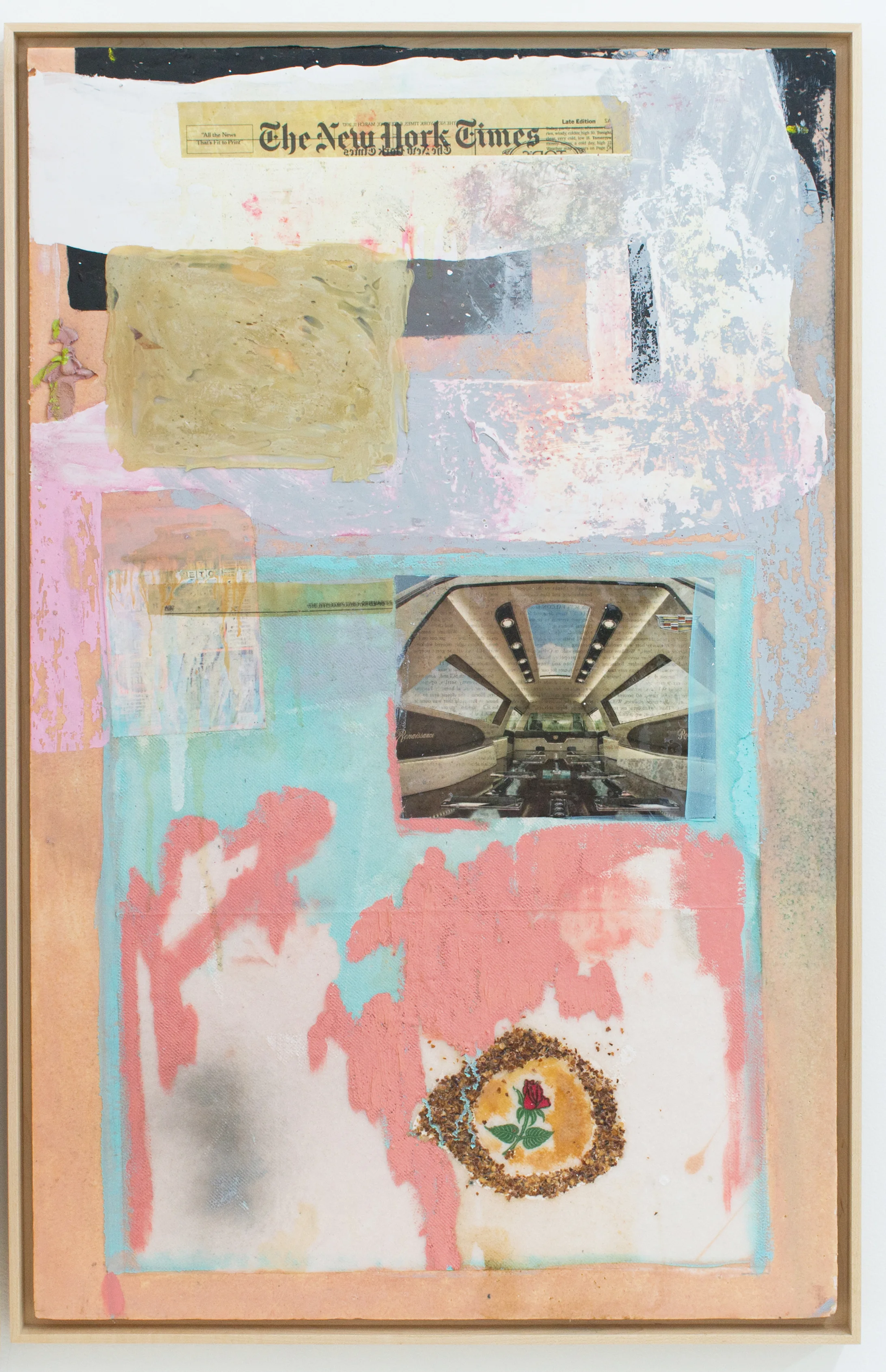 Mark Starling Spicy Obit, 2017 Rose printed napkin, crushed red pepper flakes, dye, lottery ticket, newspaper, magazine, oil paint, acrylic paint, resin, industrial adhesive and polystyrene mounted on masonite 35 x 22 x 1.5 inches