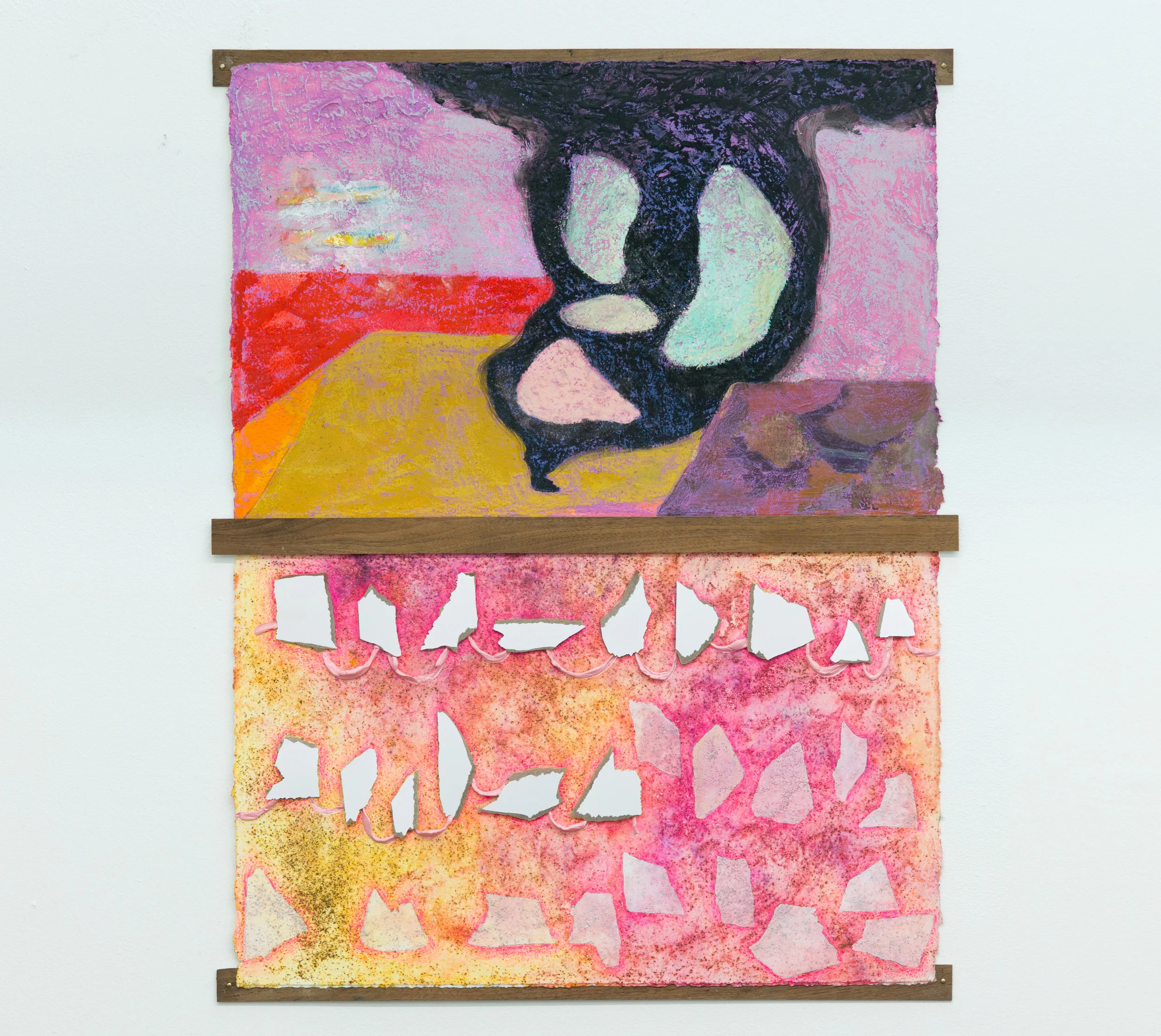Mark Starling January, 2018 Dye, black pepper, salt, oil pastel, 24k gold leaf, colored pencil, acrylic paint, Formica, adhesive and walnut on cotton rag paper 30.75 x 23.5 inches