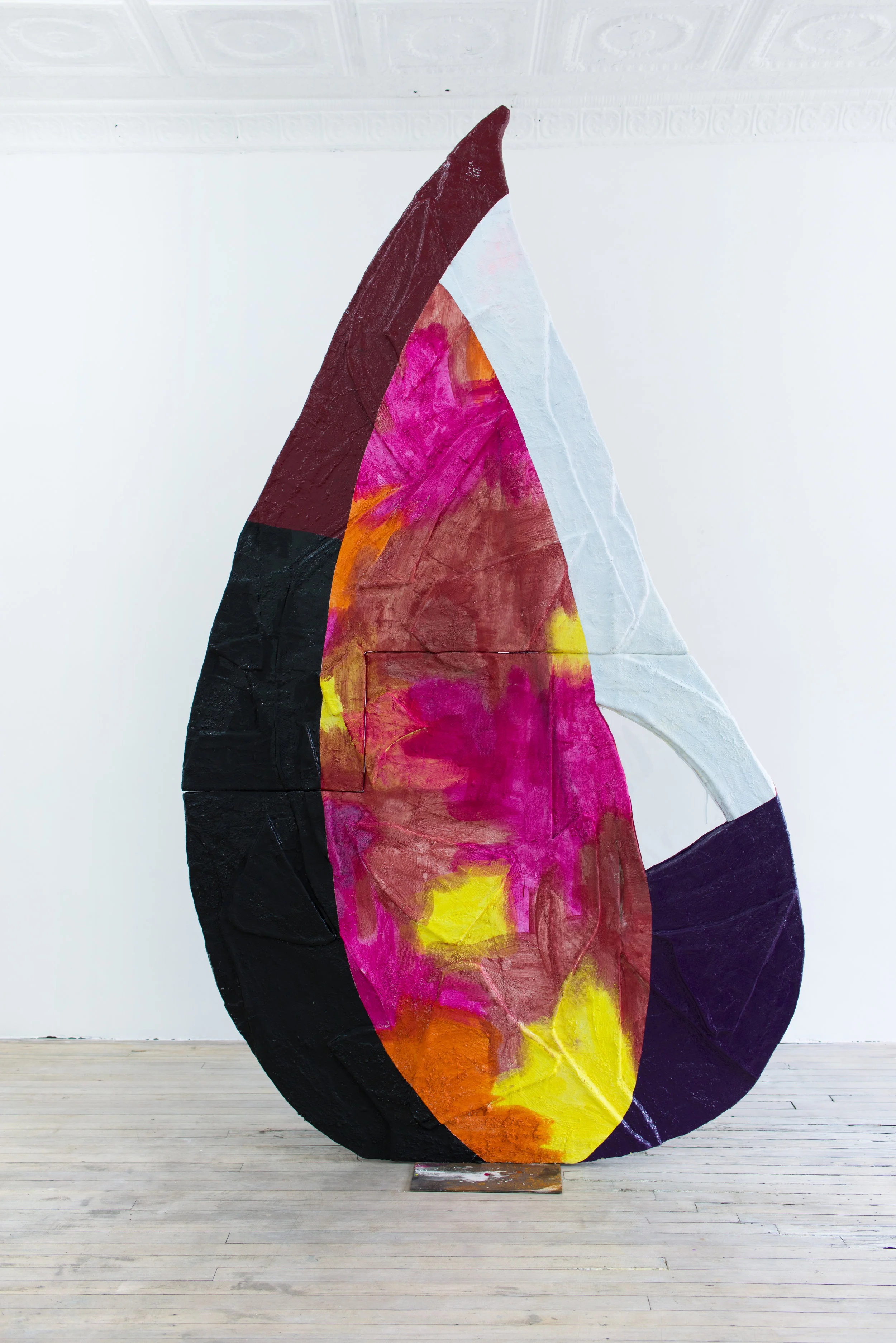Fabienne Lasserre Larmes 1, 2018 Steel, corrugated plastic, aqua-resin, acrylic stucco, clear vinyl fabric, enamel and acrylic paint 116 x 68 x 2 inches