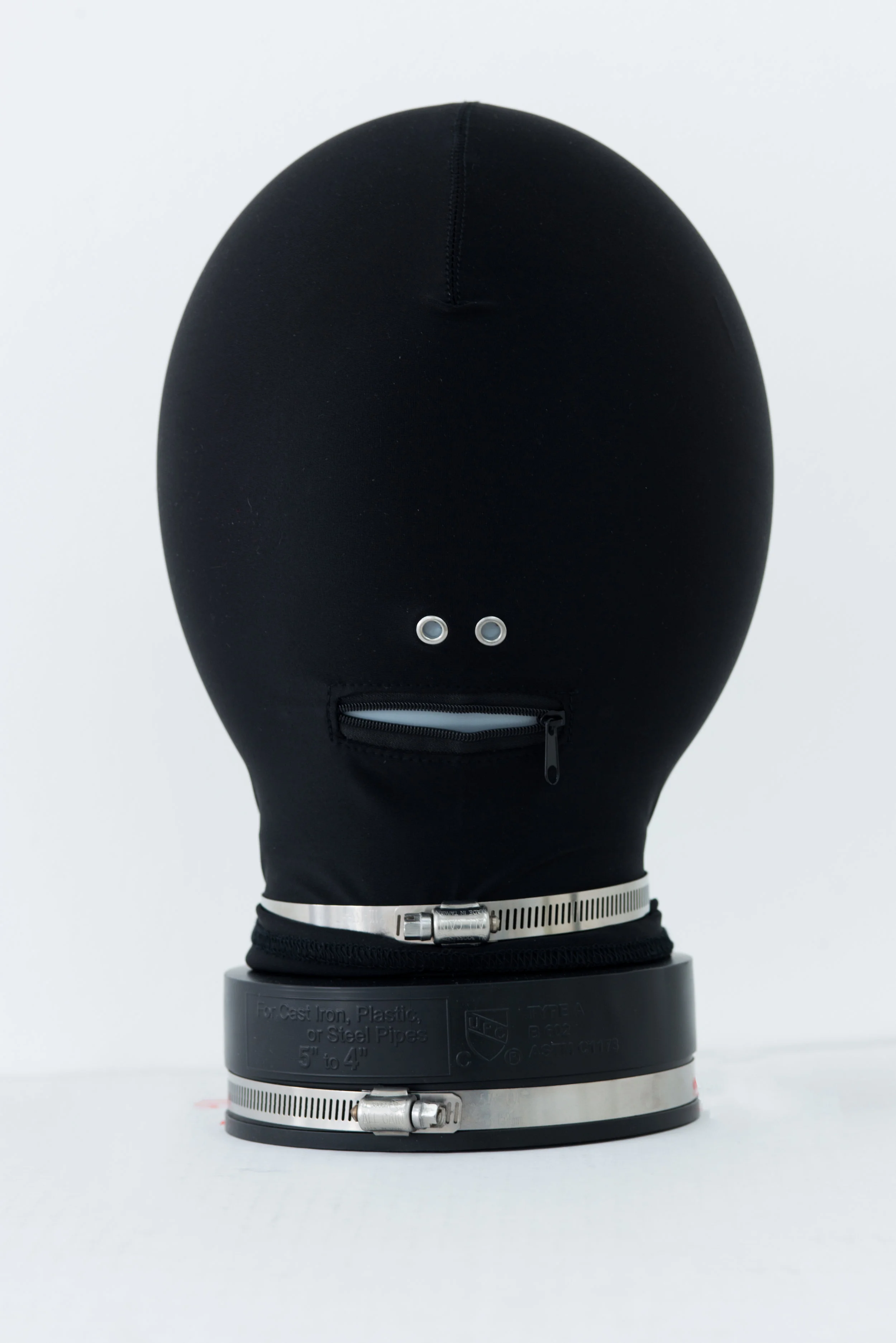 Michael Blake Untitled (Mask 1), 2018 Spandex mask, plumbing cap, hardware, balloon 14 x 7 x7 inches