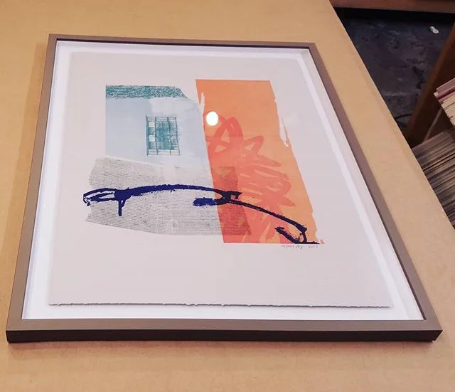 Gray is a tricky color to deal with in design. We chose a barely blue mat and warm gray frame for this piece. The mat looks white without creating off colors of in the artwork the way white would. #design #pictureframing #customframing #colortheory #colors #gray #grey