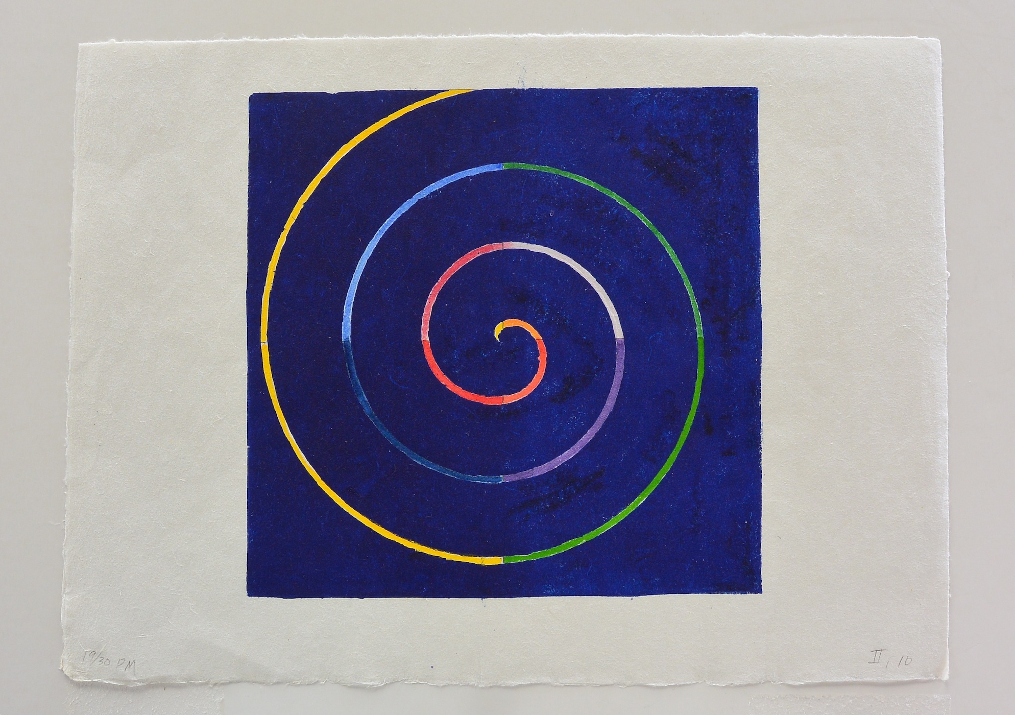  spiral on blue square, 9 1/2 x 14 1/2 in., Ink and watercolor 