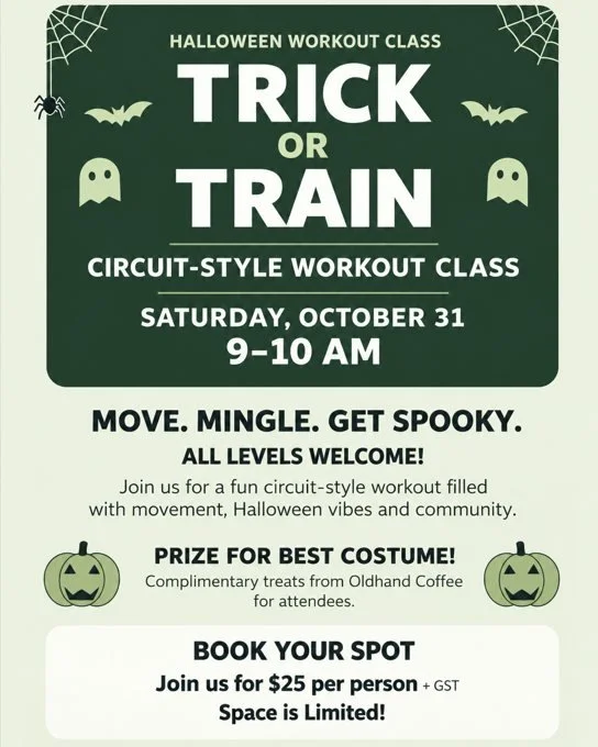 Join us on Saturday, October 31 for our Trick or Train class with coach Megan! 🎃

Grab a friend for this fun, circuit-style Halloween event. This will be a full-body workout with strength and cardio elements, with options for every level of fitness.