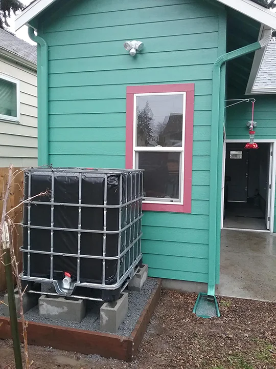 A 175-gallon tote for catching rain water.