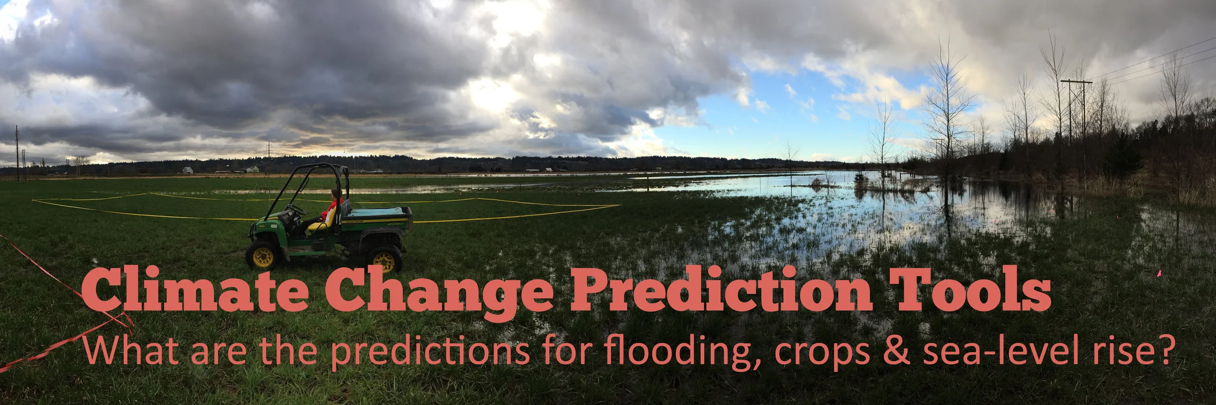 Image: Flooded field. Text: Climate Change Prediction Tools. Link to prediction tools page.