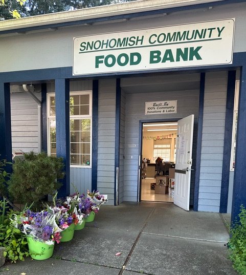 Bouquets displayed at the Food Bank.