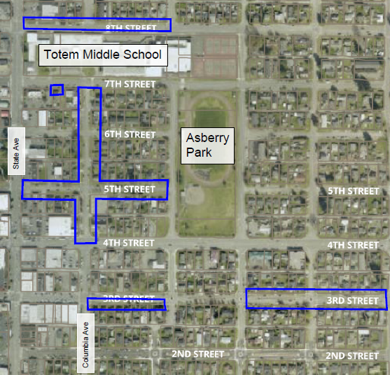 Map depicting the neighborhood boundaries for 2026 Marysville street trees