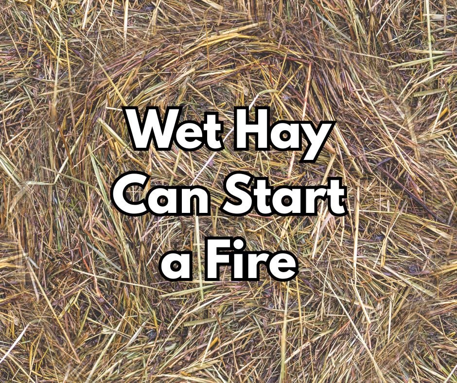 Picture: Hay with overlay 'Wet Hay Can Start a Fire'