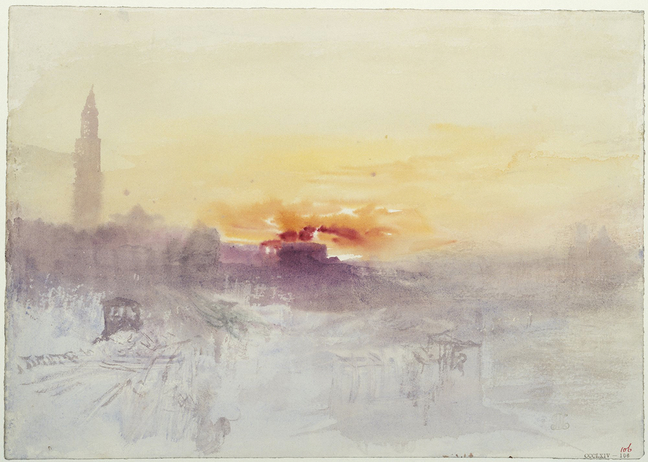 J.M.W. Turner, “Venice at Sunrise from the Hotel Europa, with Campanile of San Marco” (c. 1840), watercolor (Tate: Accepted by the nation as part of the Turner Bequest 1856 Photo © Tate, London 2014)