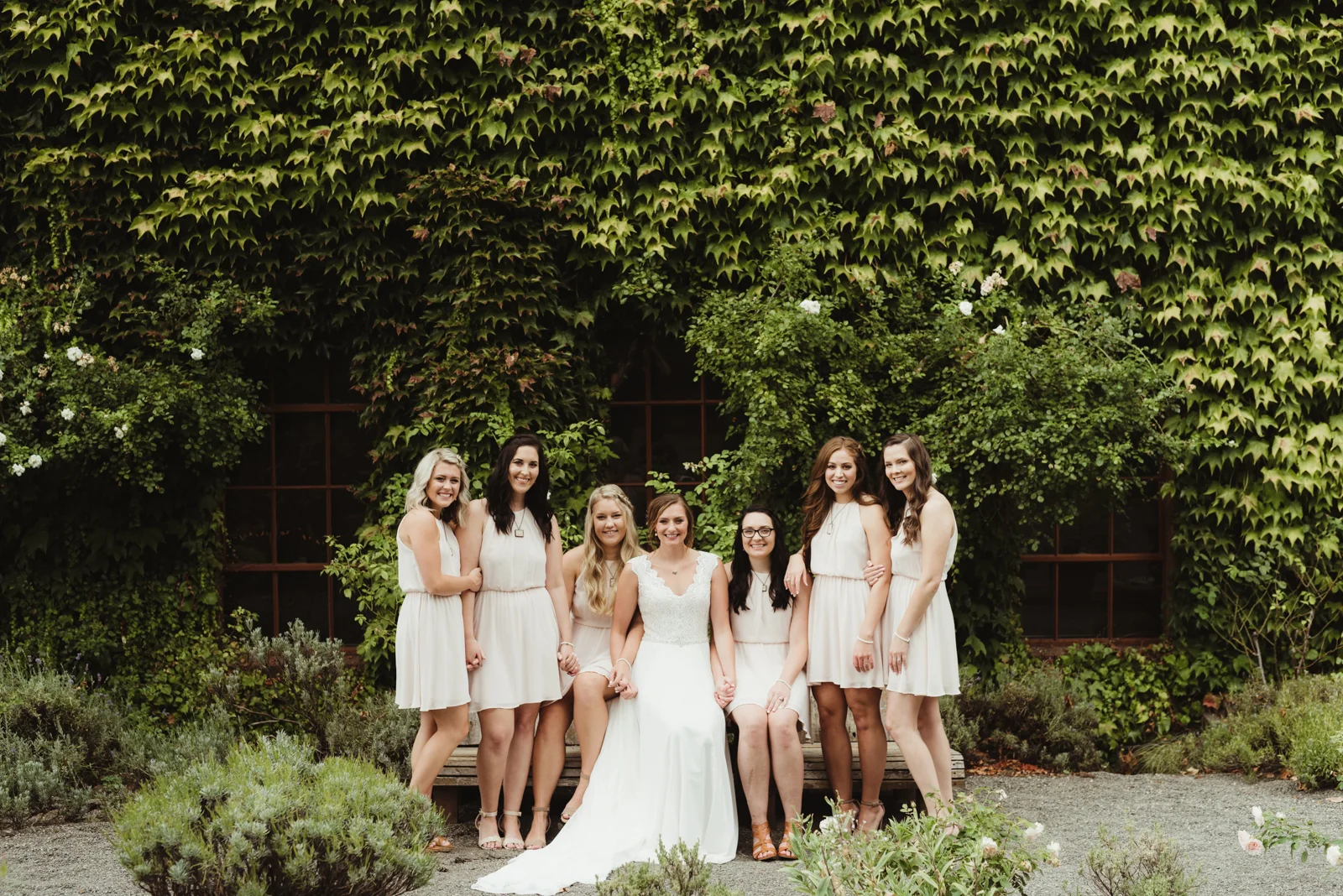Bridal party portrait in front of ivy wall.