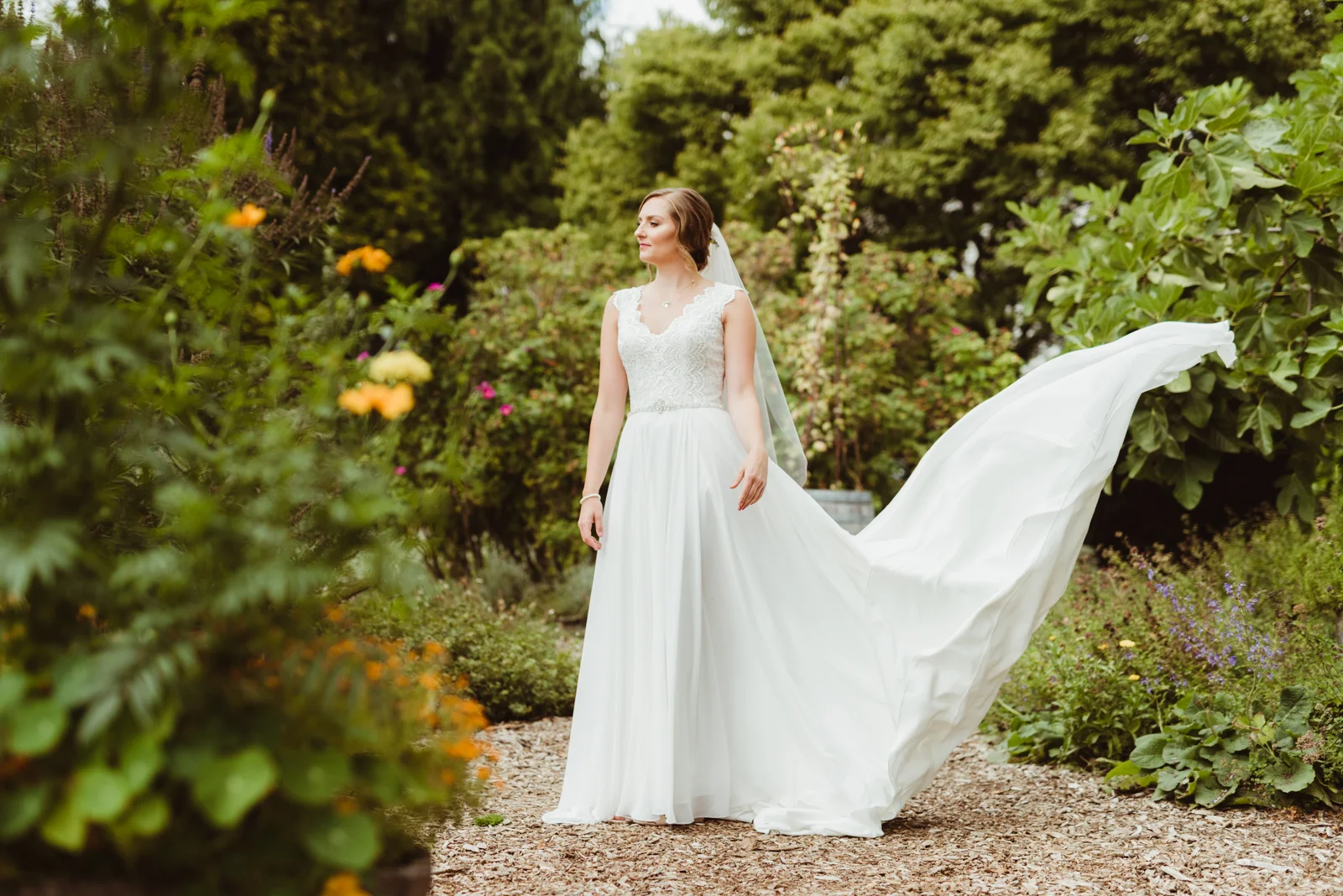 Bridal portrait with wind swept dress