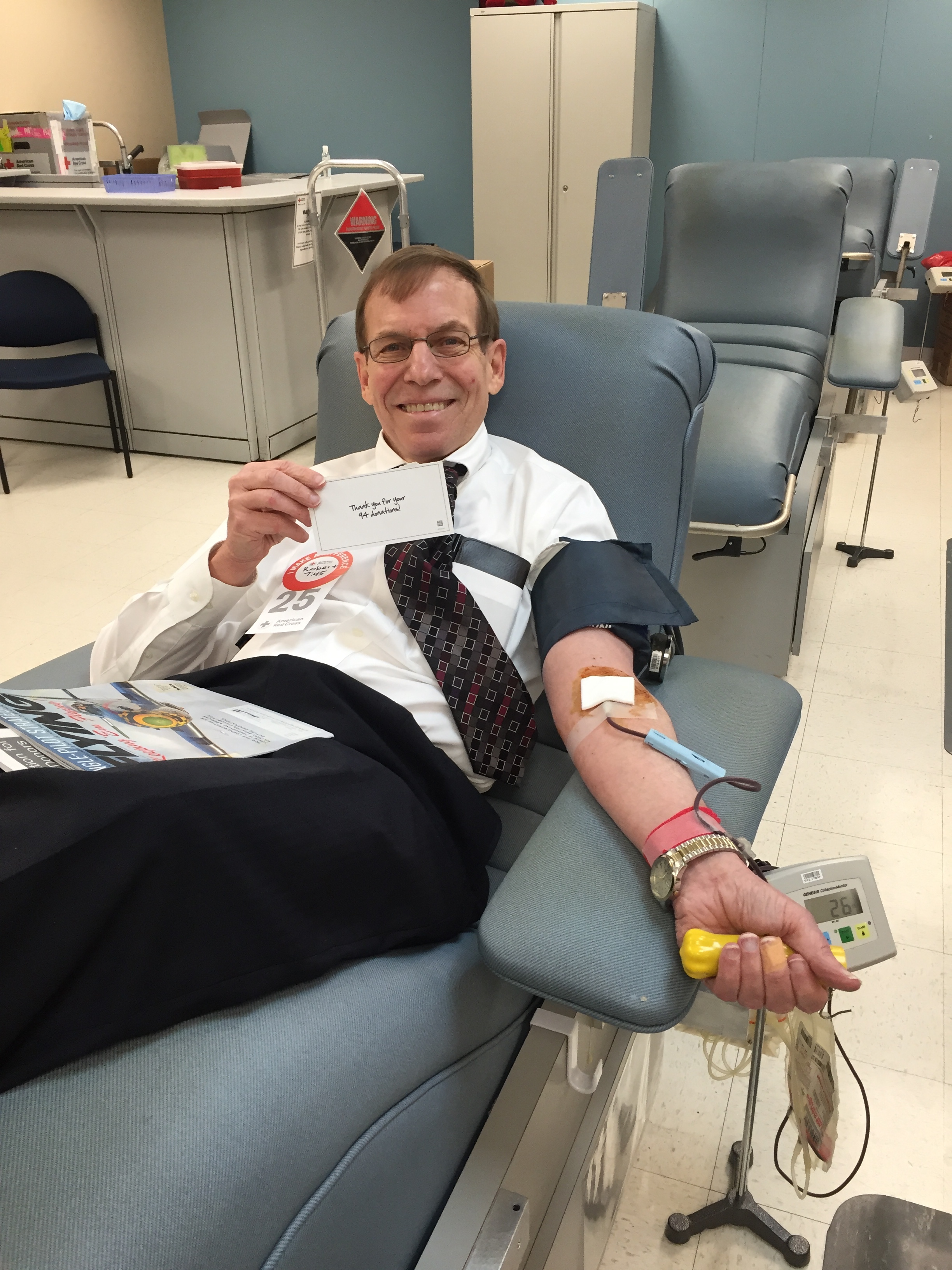 Justice Edmunds is a frequent blood donor—this is a shot of his 95th blood donation since arriving in Raleigh in 1999 on April 21, 2016.