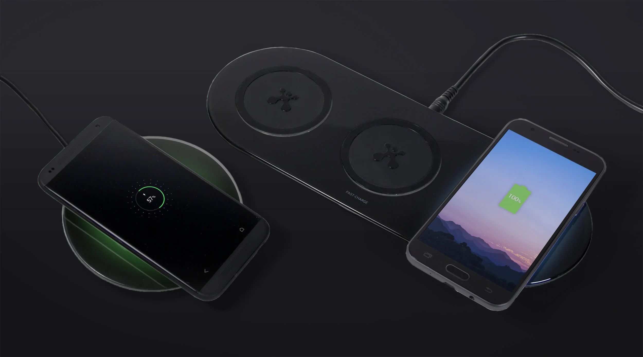 Multi device wireless charging designed by Swerve - June 2018 Swerve have expanded the line of Visual Charge wireless charging pads by designing a second triple device pad. This product features a slick reflective surface with a perfectly tactile central pad area to keep the devices in place, along with a multi color charge indicator light which glows behind the charge area to subtly show the status go the devices battery.