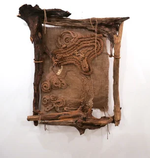 Bryce Zackery, Skoll , 2016 48x49x14 Driftwood, rope and burlap