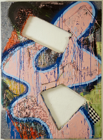 Alan Neider, " 2 Shapes Pink"; Moving Blanket, Fabric, Paint, Wood; 63 x 45.5 x 2 inches; 2016