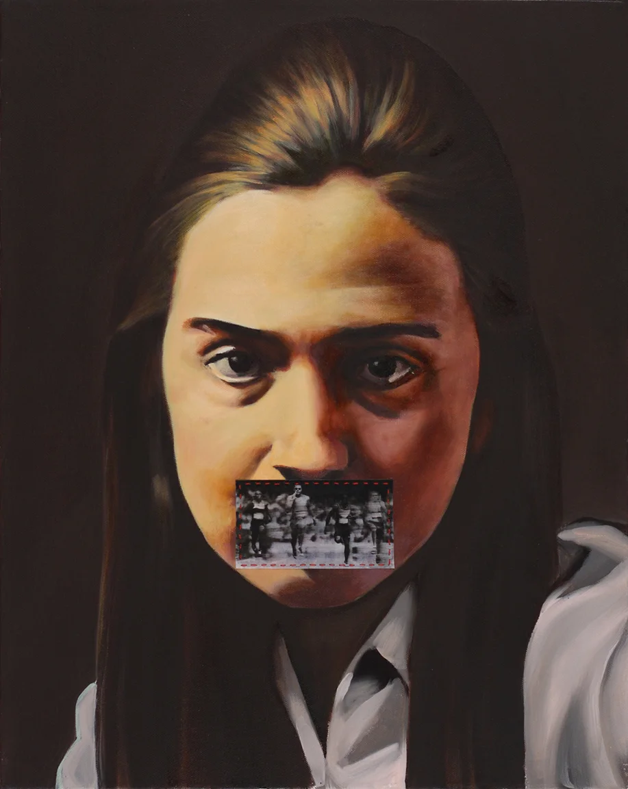 Hillary Rodham , 2012, oil on canvas with inkjet on vellum and thread, 20 x 16 inches