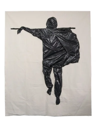 Image: Fanny Allié , Man-Bare Feet (2018,) 88" X 72" Sewn trash bags on canvas