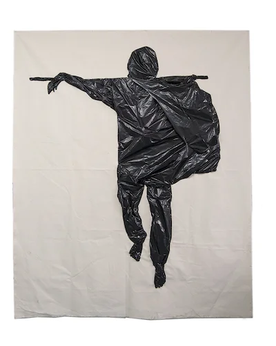 Man-Bare Feet (2018,) 88" X 72", Sewn trash bags on canvas