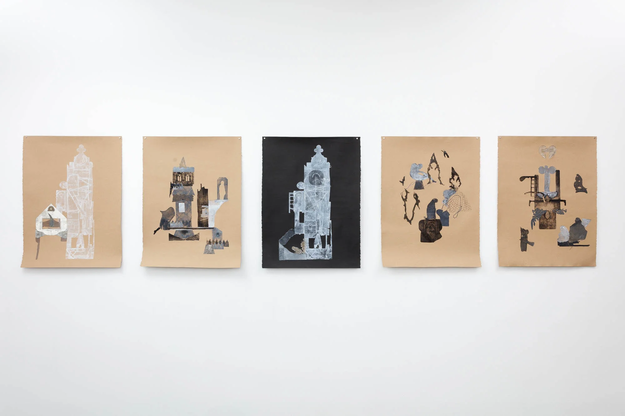 Fanny Allié's Attached House, 2017, Veiled, 2018, Black Tower, 2018, Dancing Shadows, 2018, and Heart-Angel, 2018 (Left-to-Right)