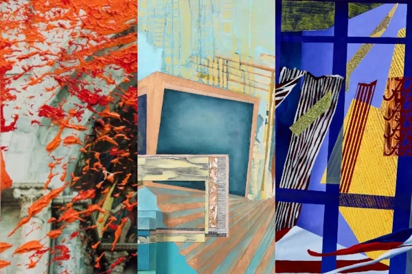 Image Left to Right: Audrée Anid, Fractured decorum , From the series Re-Fractions (2013), Oil paint on C-Print, 4” x 6”; Kelly Olshan, The Farther (2015), Oil, acrylic, recycled paint and tape, molding paste, and graphite on 3D panel, 50” x 55.5” x 7”; Jamie Earnest , Sins Against Alabama (2017), Oil, foil, graphite, wax, and marble powders, 38” x 60”
