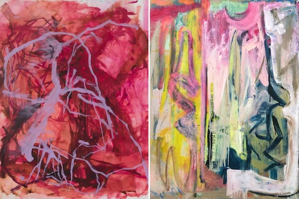 Image Left to Right: Elizabeth Gilfilen, Underscore #2 (2018), Oil on canvas, 20"x16"; Molly Herman, Looming (2018), Oil on linen, 58" x 48"