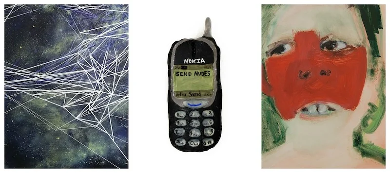 From left to right- Marie-Dolma Chophel, Web I (2019), Acrylic, spray paint and paint marker on canvas, 60” x 48"; Colin J. Radcliffe, SEND NUDES (on a Nokia) (2019), Ceramic, glaze, 0.5” x 2.5” x 5.5”; Carla Repice, Blush (2017), Oil on panel, 9” x 12”