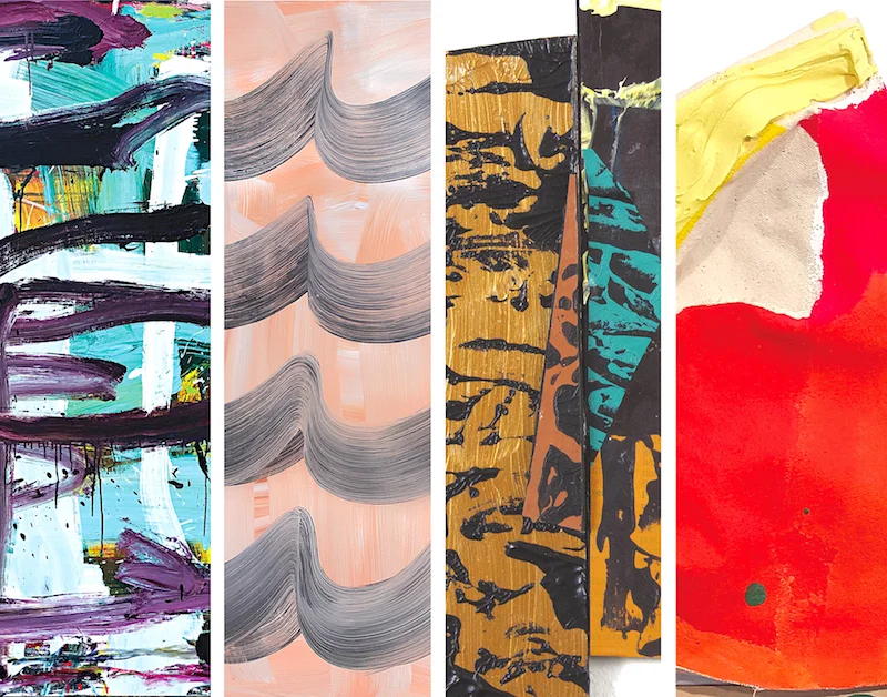 Artwork details left to right: Denise Gale, Walking and Talking (2019,) Oil on canvas, 60” x 60”; Anne Russinof, Fourfold (2019,) Oil on canvas, 53” x 35”; Tony Saunders, Dream On (2018,) Acrylic and collage on board, 11” x 14”; Susan Still Scott, Little Slider (2011,) Acrylic, Flasche, canvas, wire, wood, thread, staples, and glue, 17” x 20” x 10”