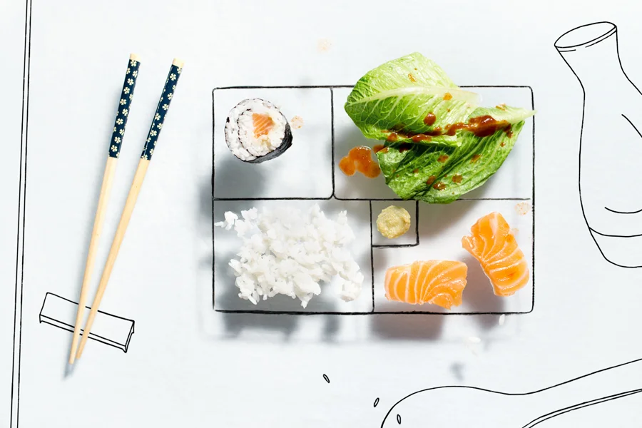 Creative multi-media food photography, sushi plate for a dinner party