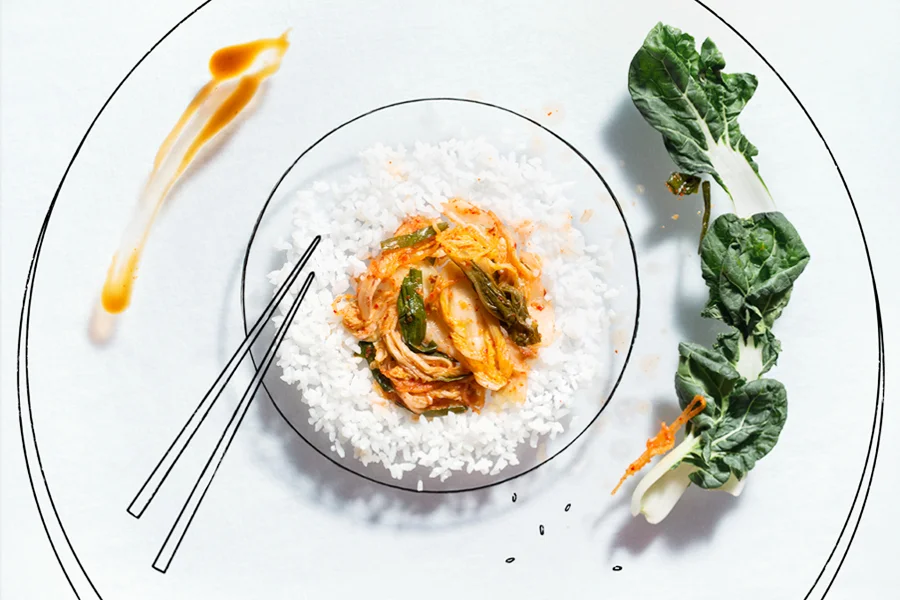 Creative multi-media food photography, kimchi plate for a dinner party