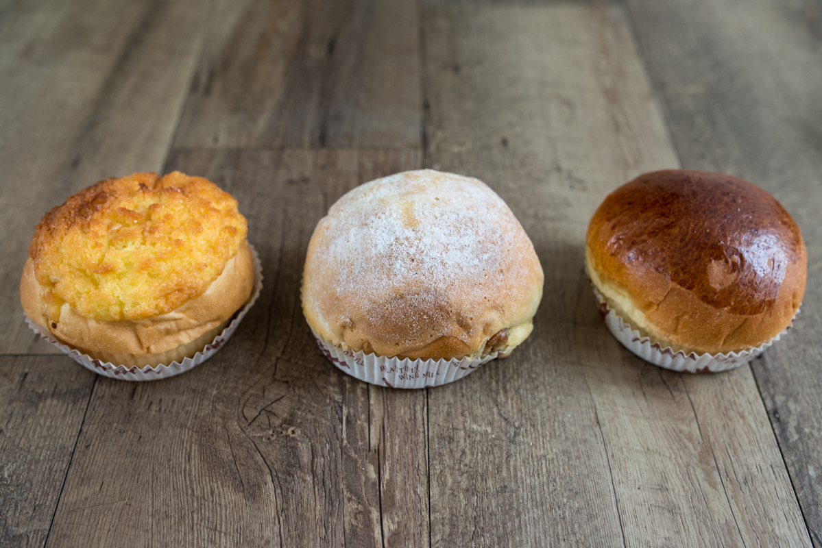  (From left to right) Almond, walnut, and pork buns from Red Cherry Bakery in Sham Shui Po 