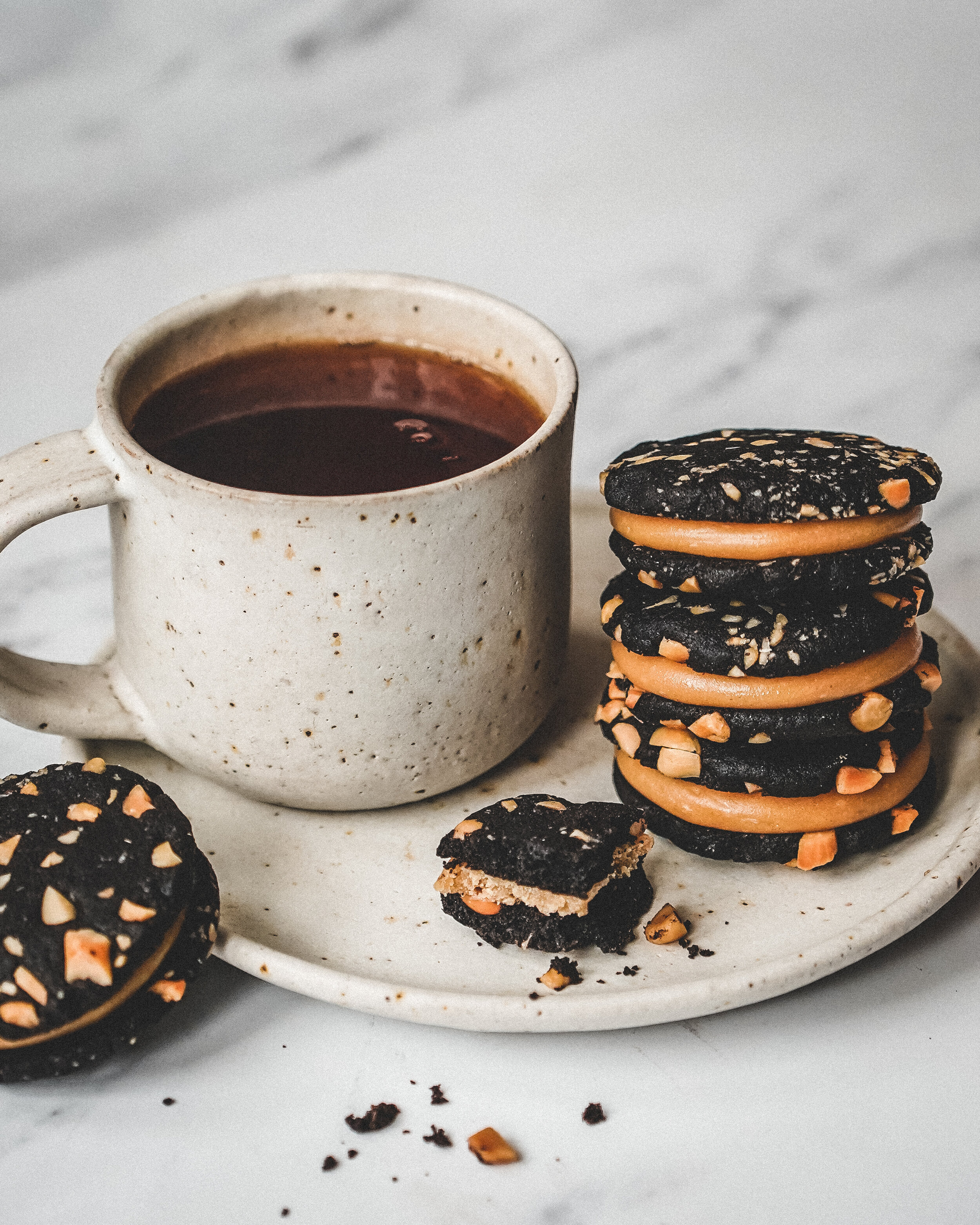 Salted Black Cocoa Sables with Caramelised White Chocolate Chunks