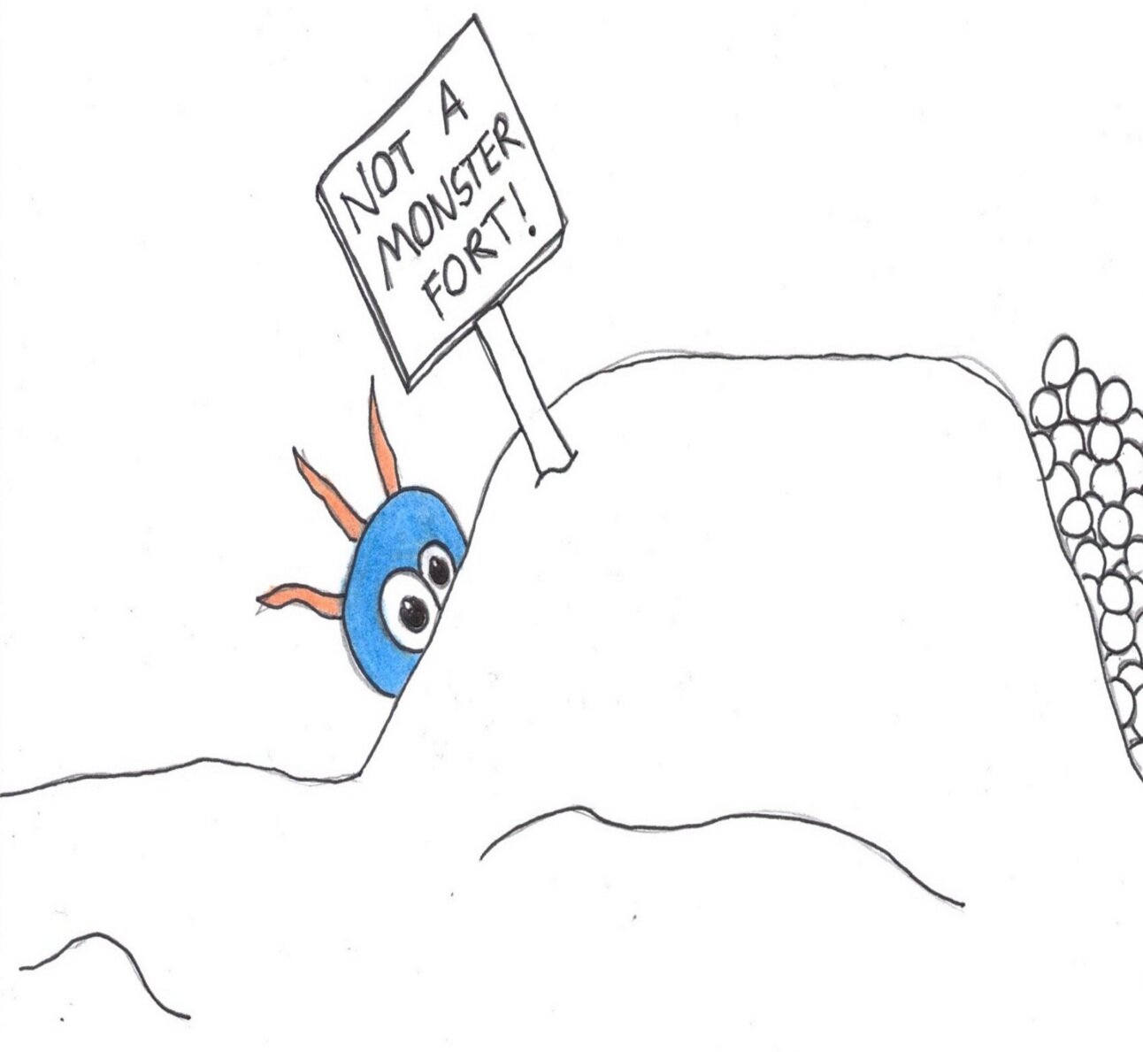 Illustration of a monster hiding behind a snow fort, with a pile of snowballs. There is a sign that says %22Not a Monster Fort!%22.jpg