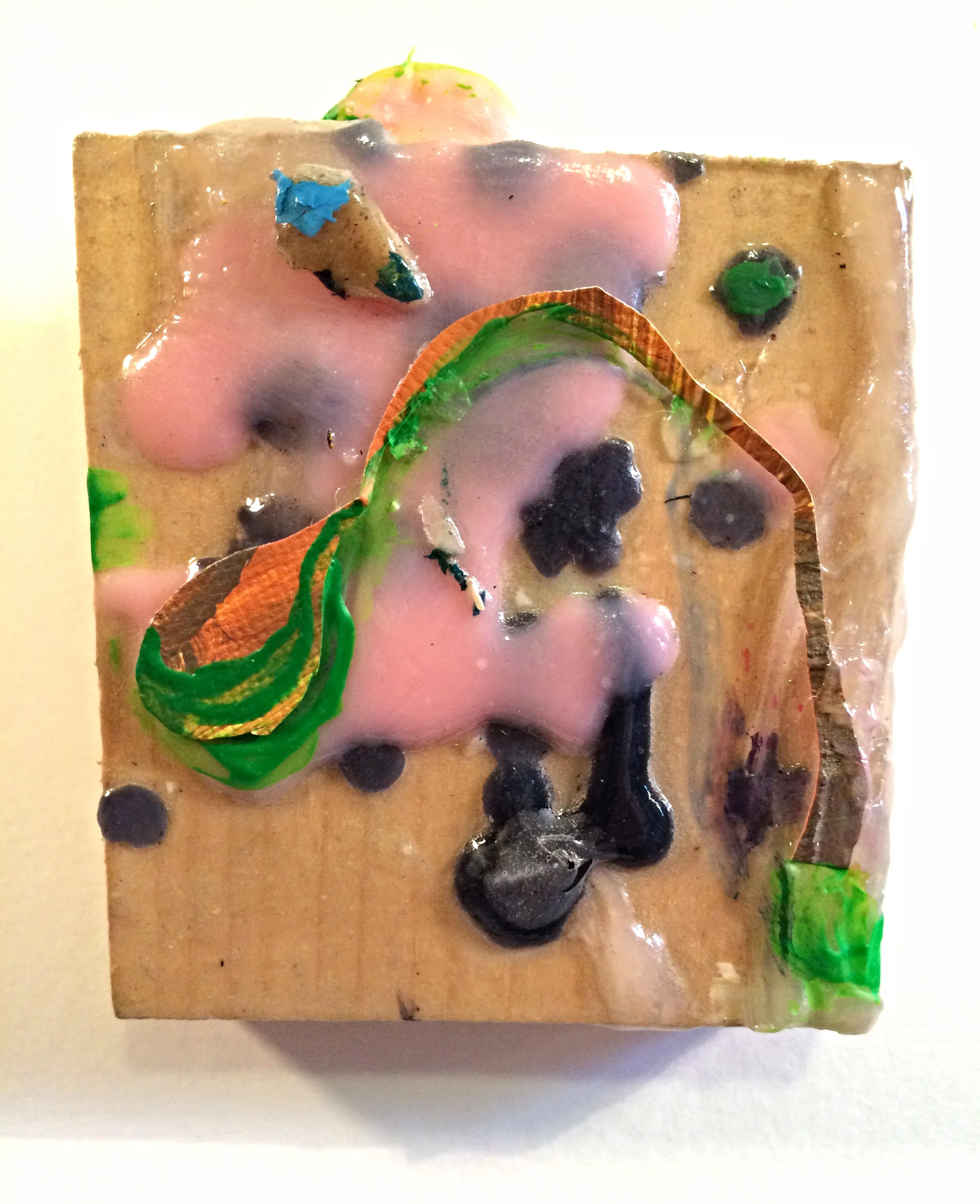 ASS.DD.4997 2016 Acrylic, oil, collage, melted wax and glue on scrap wood panel 3.75 " x 4 "