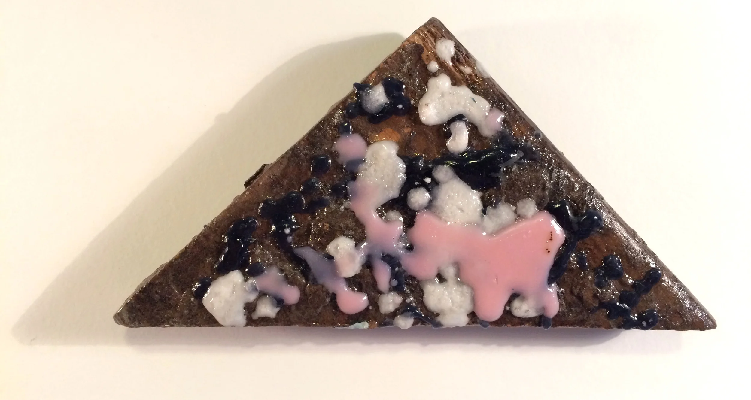 A.S.S.D.D.4978 2016 Acrylic, oil, melted wax and glue on wood 8 " x 4 " x 1 "