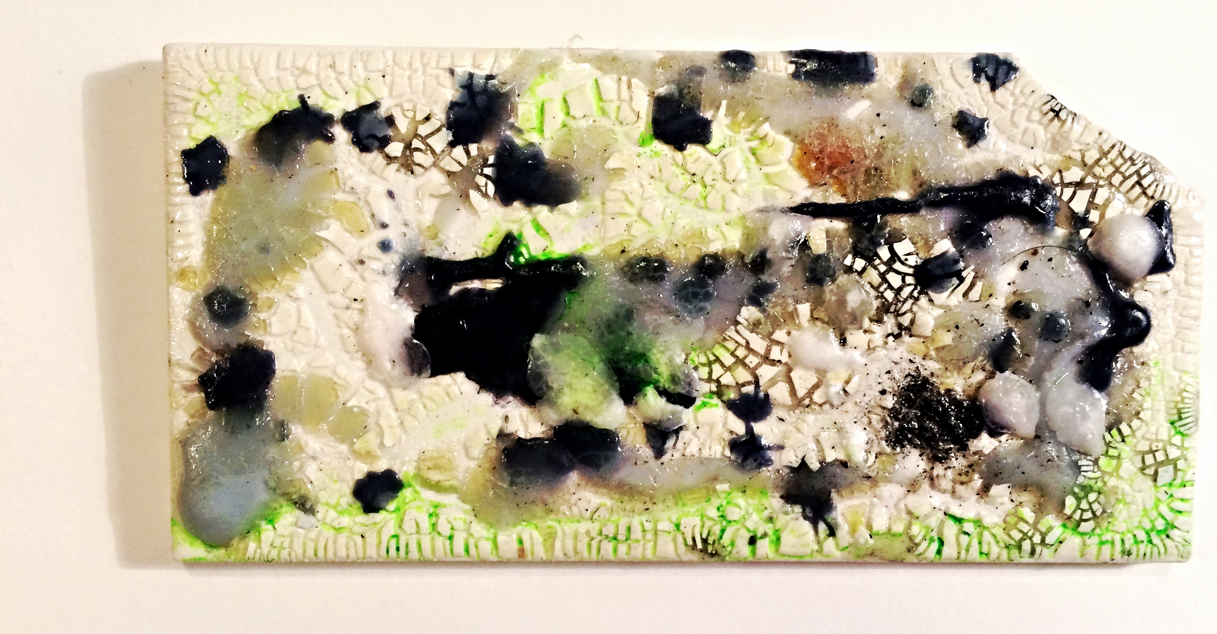   A.S.S.D.D.4974   2016  Acrylic, oil, melted wax and glue on ceramic tile  6 " x 3 " 