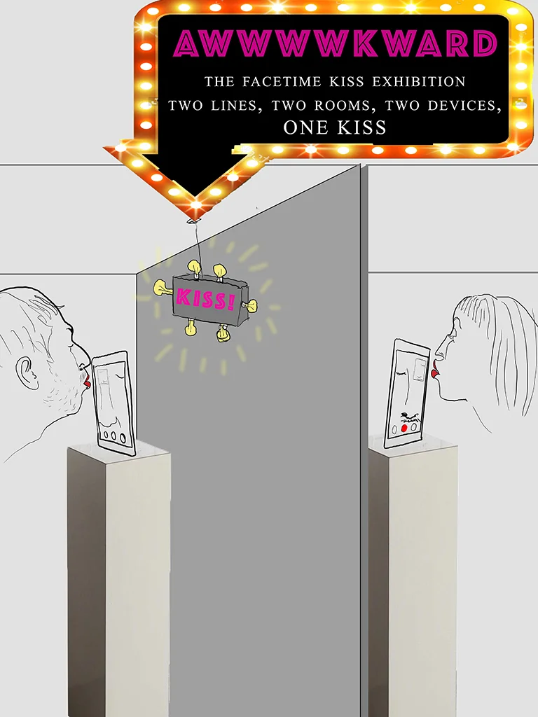 A mock exhibition poster for "Awwwkward: The FaceTime Kiss".