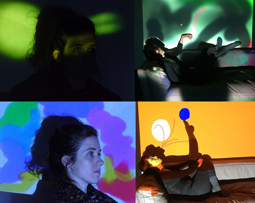 Four sample images of projection drawing. Lauren Shoemaker poses in all four shots. The two on the right are moving more to full body stills. At BANFF we aim to move into movement and start to develop a language between projection drawing and dance. 