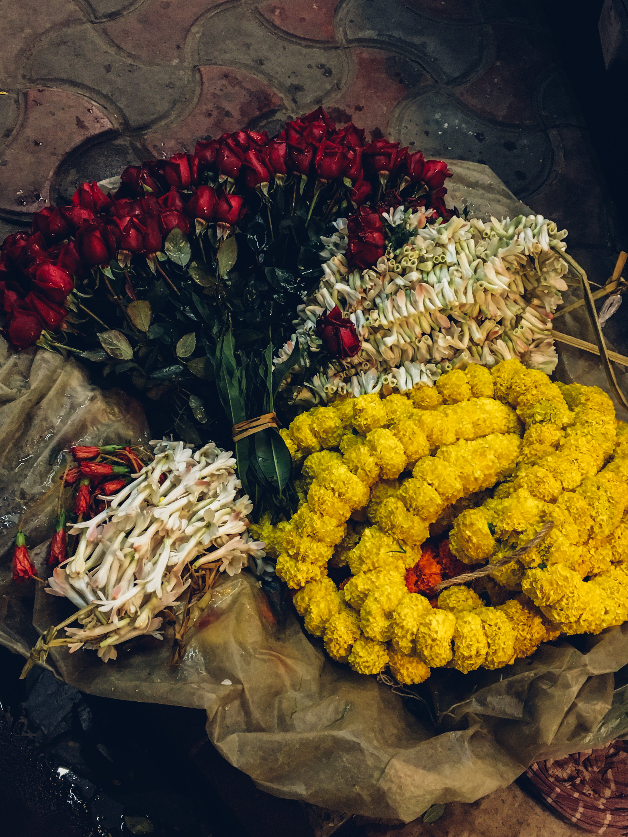 A flower seller's goods at Garihat Market.&nbsp; 