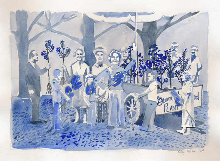  The First Greentree Festival. Watercolor on paper with movable paper puppets, 2014. 