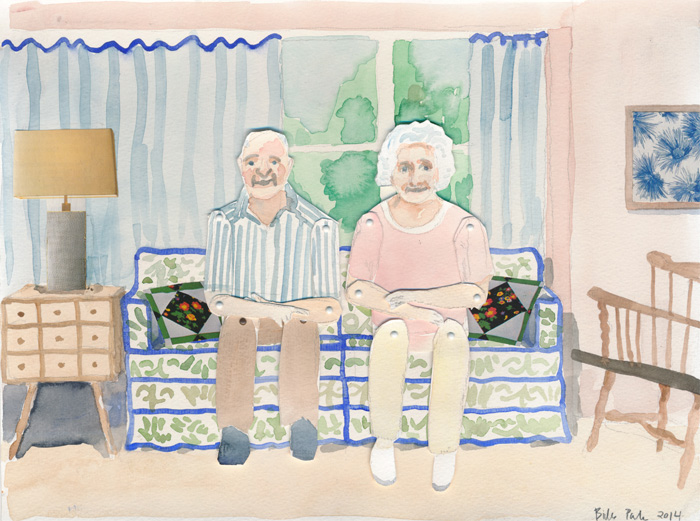  Parents. Watercolor and collage on paper with movable paper puppets, 2014. 