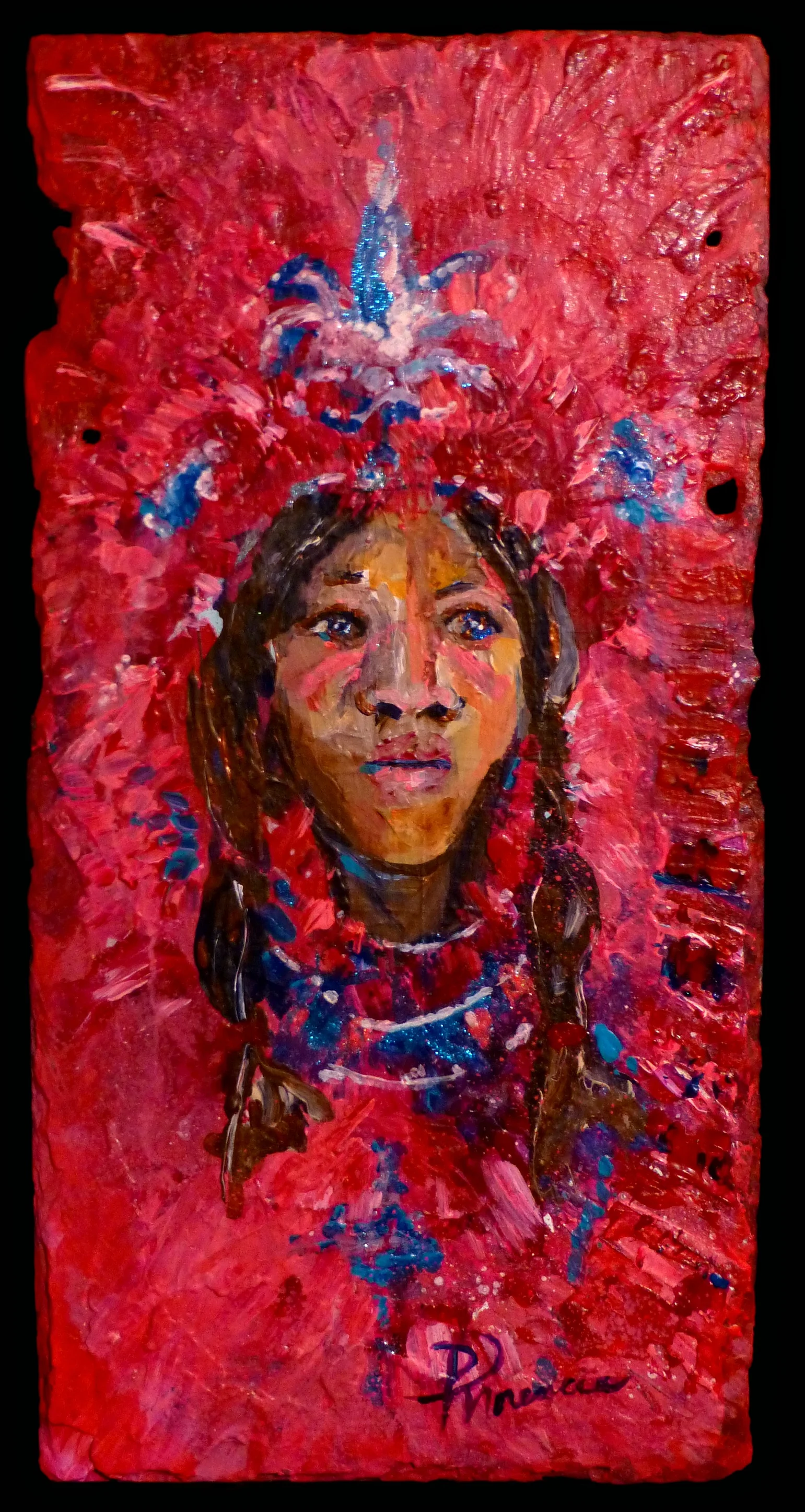 "She Walks In the Fire" - acrylic on New Orleans roofing slate 10"x20" 2016