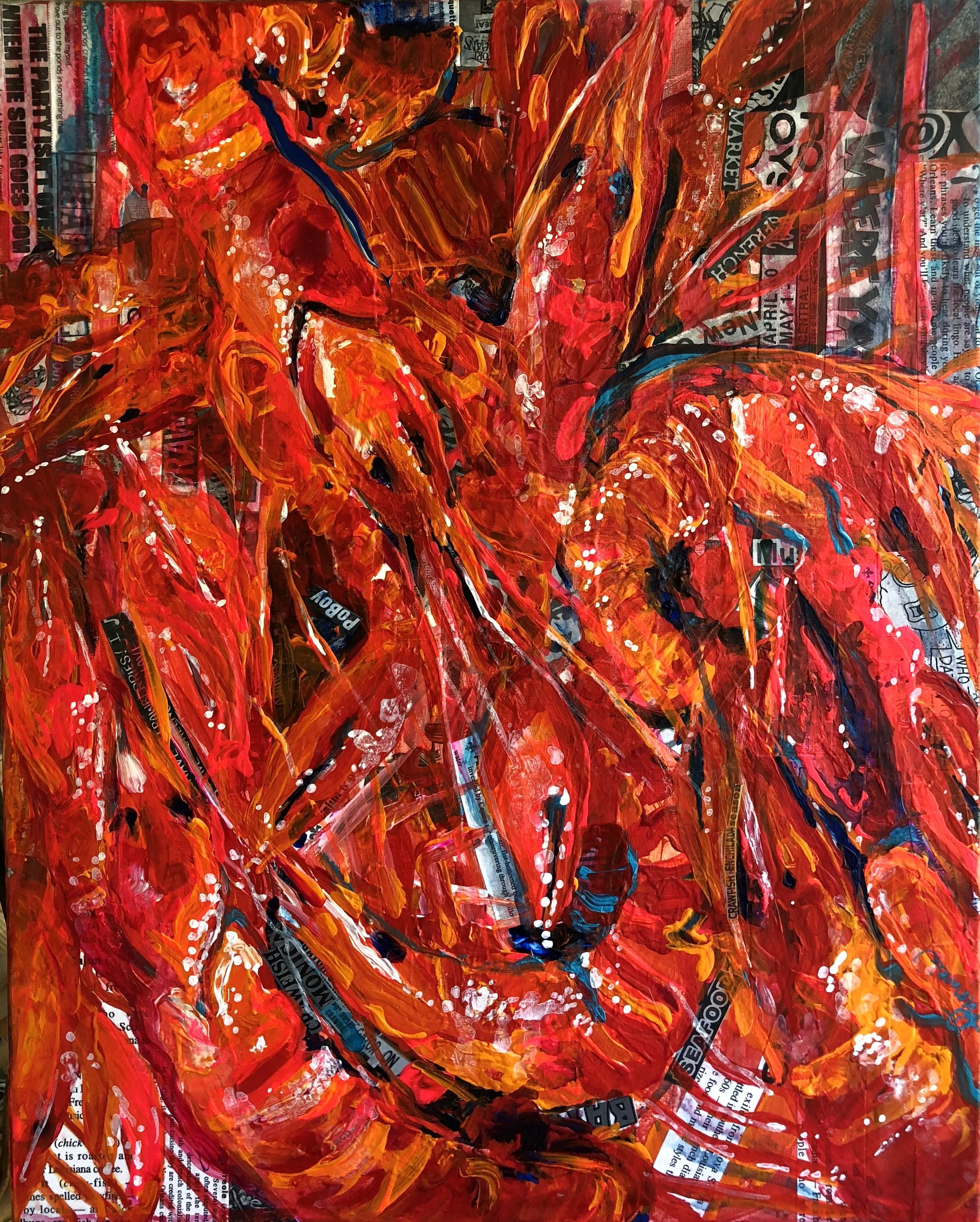 16x20" acrylic and collage on latex paint covered canvas