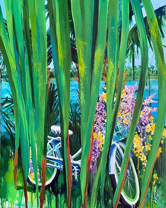 “Hiding Out” 22x29 acrylic on canvas, glittered and revamped a couple months ago. This looks like the perfect place to hang out with your bike basket full of flowers and socially distance or maybe runaway from everything and enjoy a relax