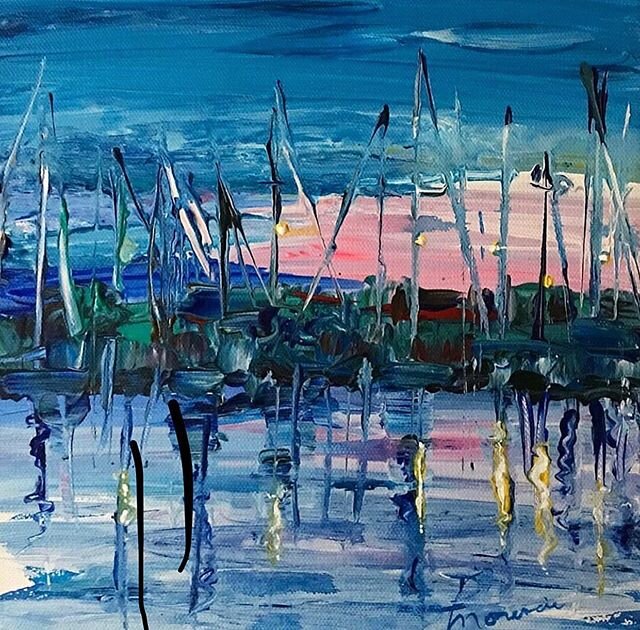 "At the Dock" 10x10 acrylic on canvas, using mostly palette knife and water to drag the paint around. A peaceful view of the sun setting where the sailboats were docked at the marina for the night
.
.
.
#artwork #painting #acrylicpainting #