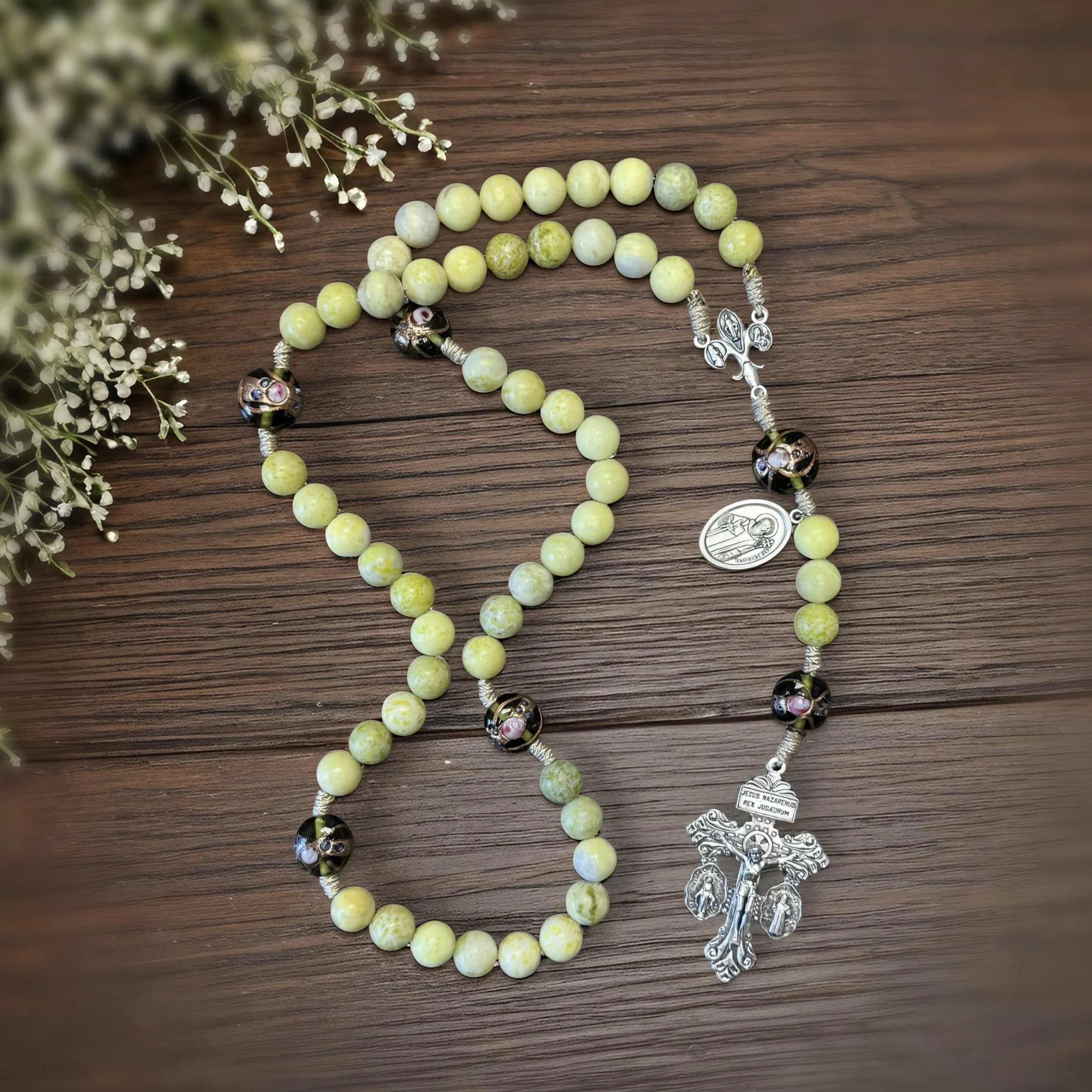Rosary with Light Green River Stone and Pretty Venetian Glass Beads: Crucifix, Fleur de Lis Mary's Fiat Centerpiece, St Benedict medal